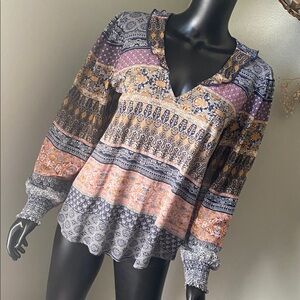 Lucky Brand Colorful Patterned V-Neck Blouse